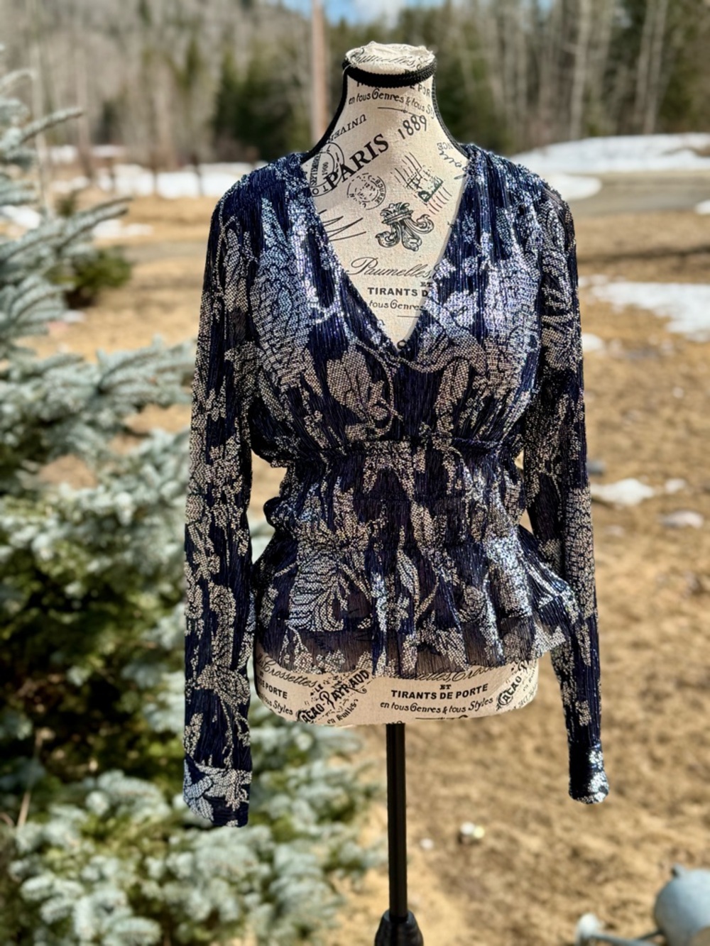 Anthropologie Black Navy and Silver Metallic Floral V-Neck Peplum Blouse - Picture 8 of 17
